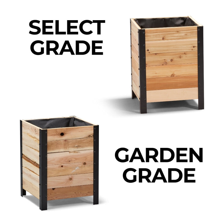Two wooden planters with black frames on a white background, labeled 'Select Grade' and 'Garden Grade'.
