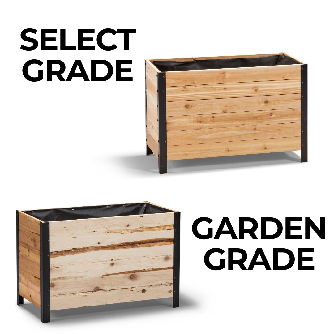 Two wooden planters with text indicating 'Select Grade' and 'Garden Grade'.