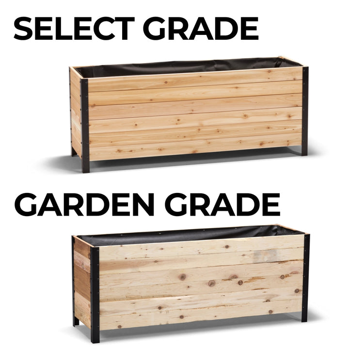 Two wooden planters with black metal frames on a white background, labeled 'Select Grade' and 'Garden Grade'.